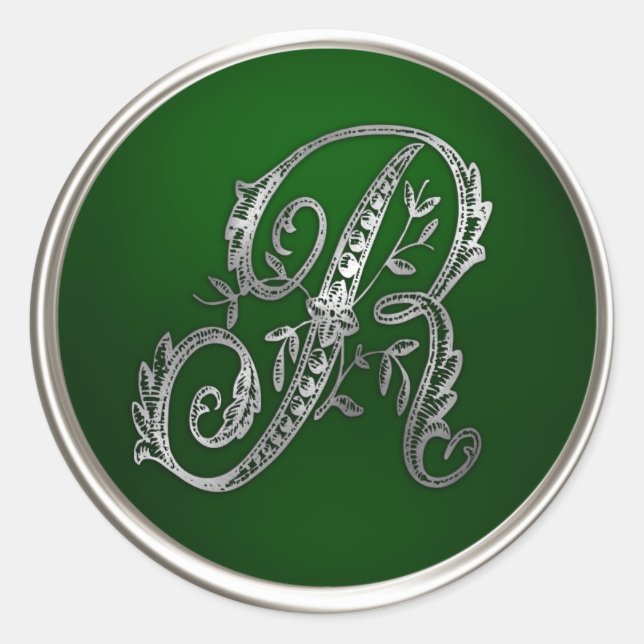 Sticker Rond Sceau d'enveloppe R monogramme en argent et émerau (Devant)