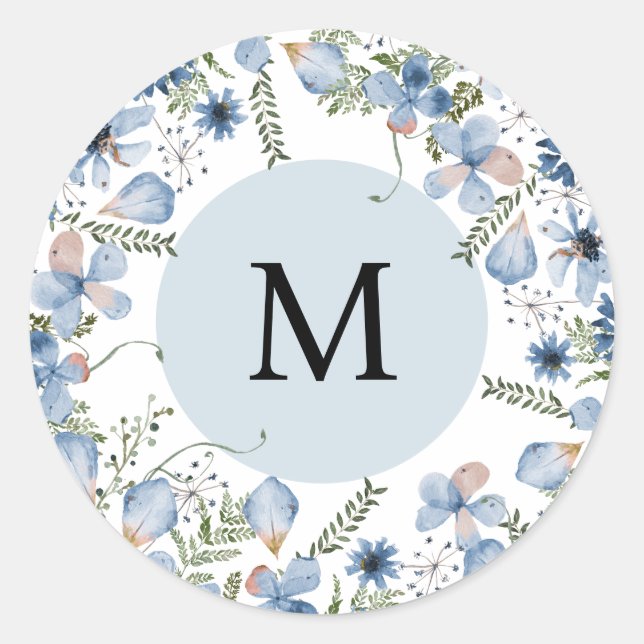 Sticker Rond Sceau d'enveloppe ronde Monogramme à fleurs bleues (Devant)