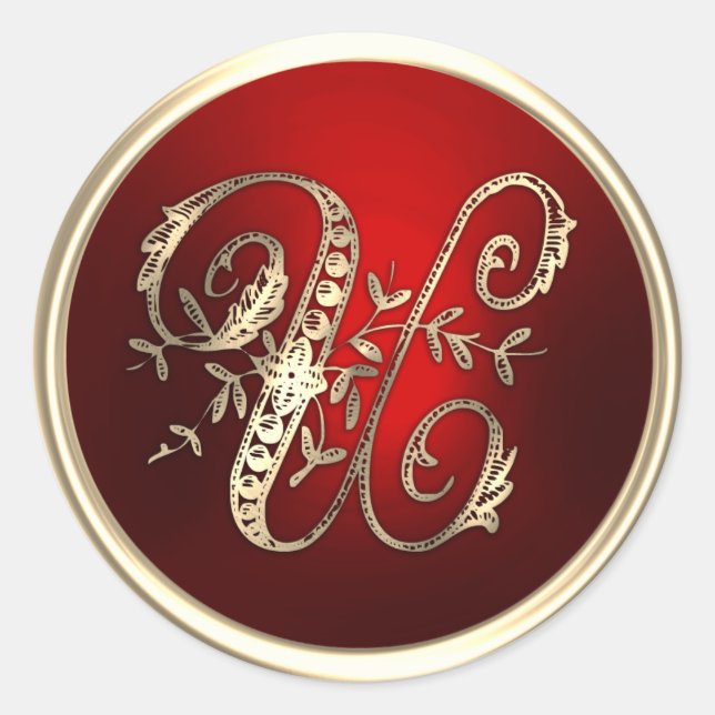 Sticker Rond Sceau d'enveloppe U Monogramme or et rouge (Devant)