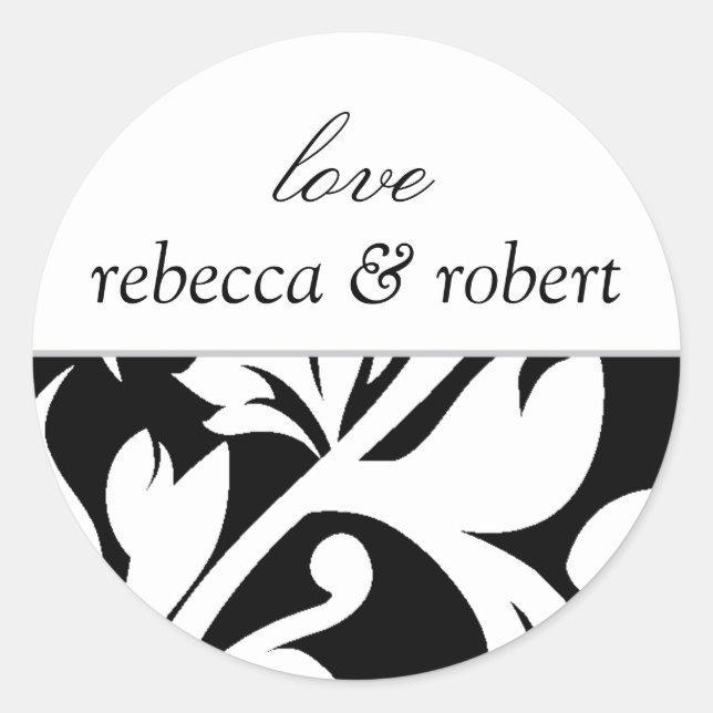 Sticker Rond Sceau faire-part de mariage noir blanc Damas coule (Devant)