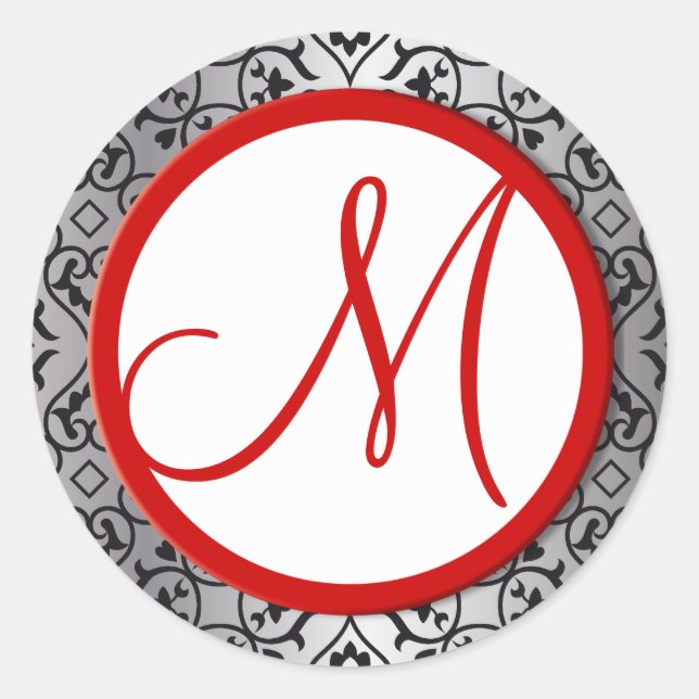 Sticker Rond Sceau Mariage à découpe rouge noir et argent Damas (Devant)