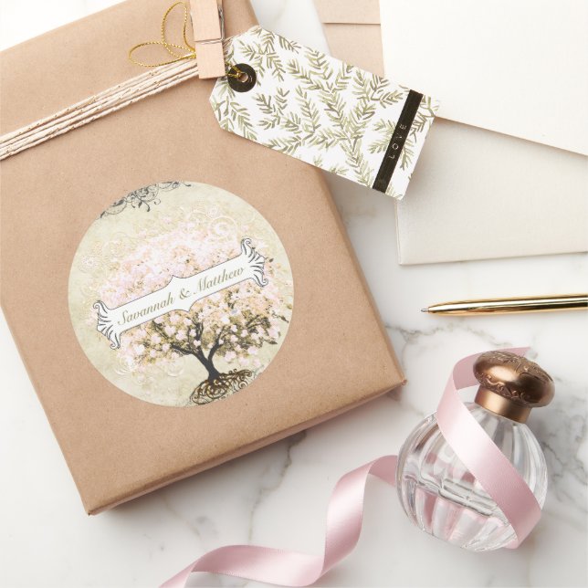 Sticker Rond Sceau Mariage de feuille de coeur rose (Cadeaux)
