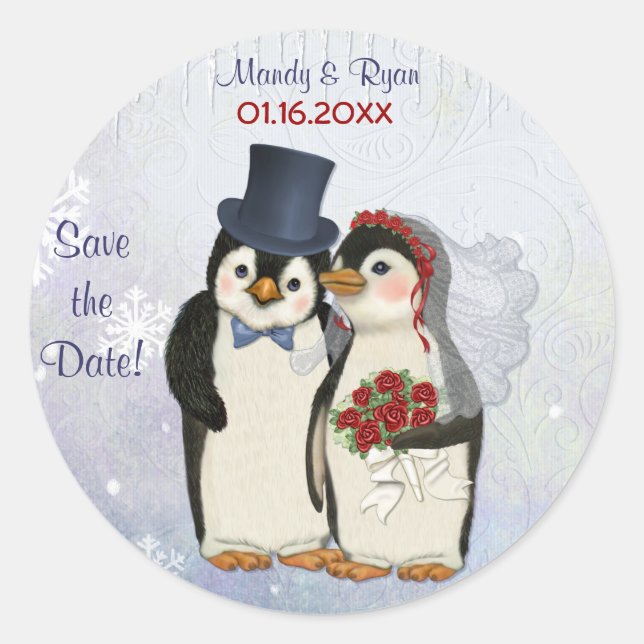 Sticker Rond Sceau Mariage de pingouin - Enregistrer la date (Devant)
