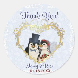 Sticker Rond Sceau Mariage de pingouin - Merci