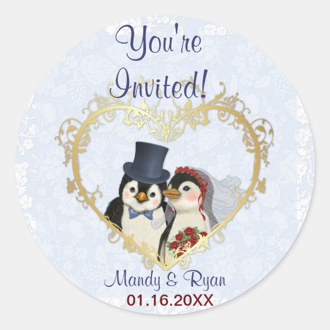 Sticker Rond Sceau Mariage de pingouin - Merci (Devant)