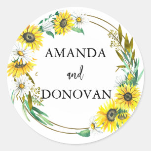 Sticker Rond Sceau Mariage d'enveloppe de tournesol et margueri
