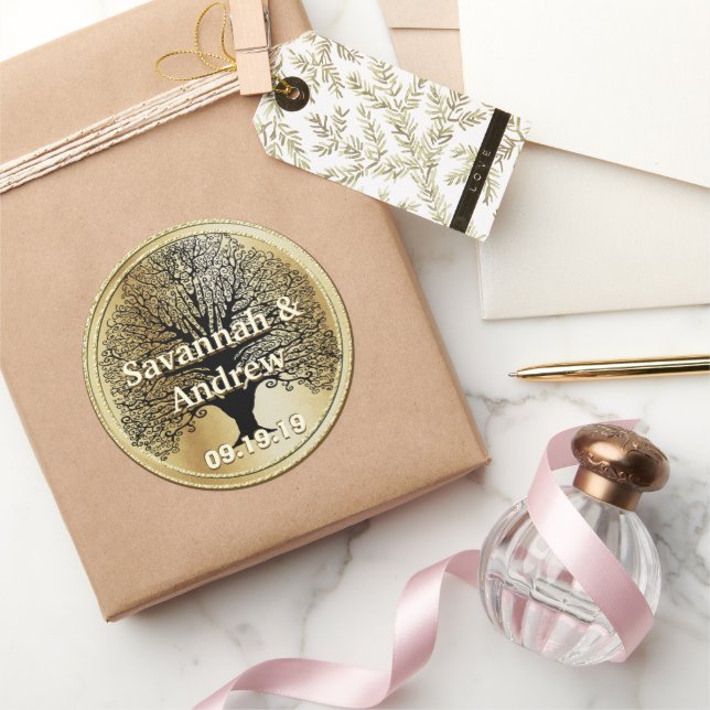 Sticker Rond Sceau Mariage d'or Elegant Swirl Black Tree (Cadeaux)