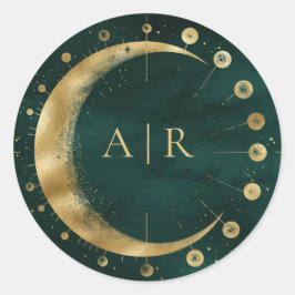 Sticker Rond Sceau Mariage Emerald Gold Crescent Moon