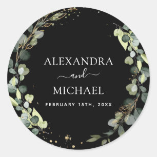 Sticker Rond Sceau mariage Eucalyptus Vert noir Succulent