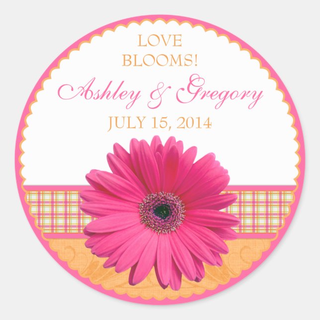 Sticker Rond Sceau Mariage rose Gerber Daisy Orange Plaid (Devant)