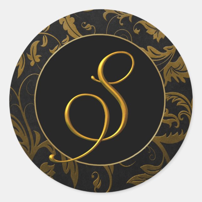 Sticker Rond Sceau Monogram S Gold et Black Mariage damassé (Devant)