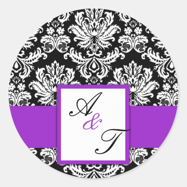 Sticker Rond Sceau pourpre Mariage monogramme Damas (Devant)