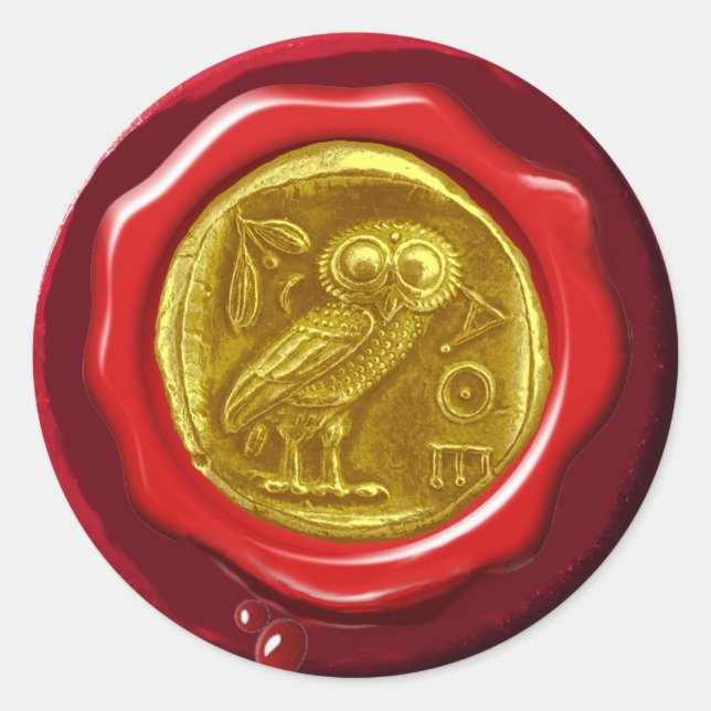 STICKER ROND SCEAU ROUGE ANTIQUE OWL OR JAUNE EN CIRE ROUGE (Devant)