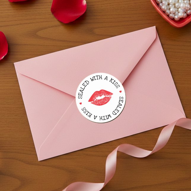 Sticker Rond Scellé avec un baiser Lip rouge et blanc Saint-Val (Sealed with a Kiss White & Red Lip Valentine's Day Classic Round Sticker
)