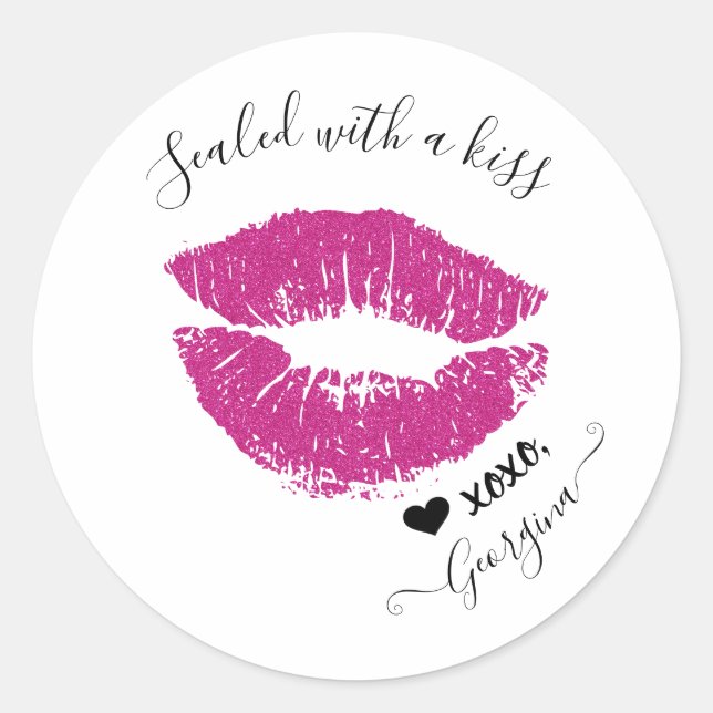 Sticker Rond Scellé avec un Kiss Personnalisé Nom rose lèvres C (Devant)