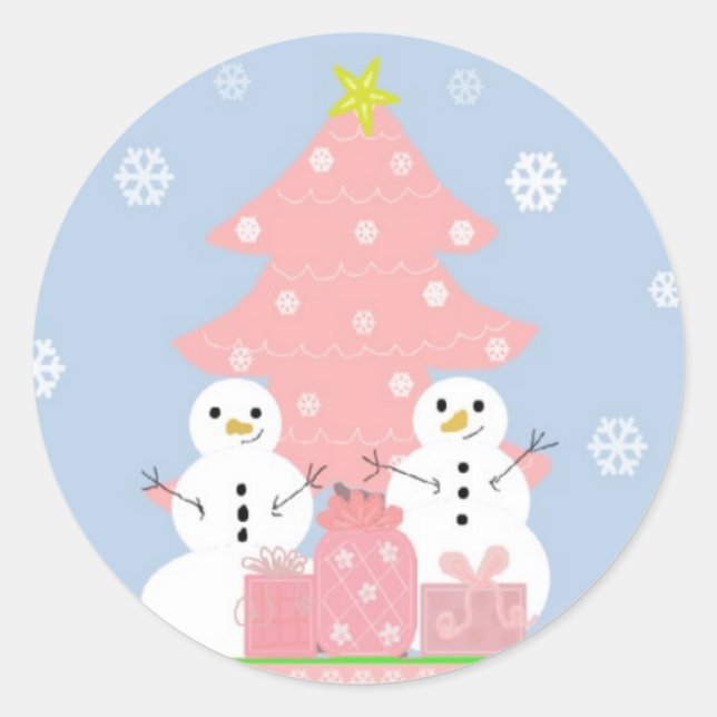Sticker Rond Scène de bonhomme de neige rose et bleu (Devant)