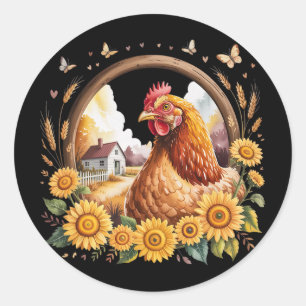 Sticker Rond Scène de ferme rustique avec poulet et tournesol e