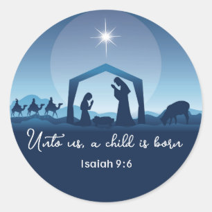 Sticker Rond Scène de la Nativité de Noël avec verset biblique 