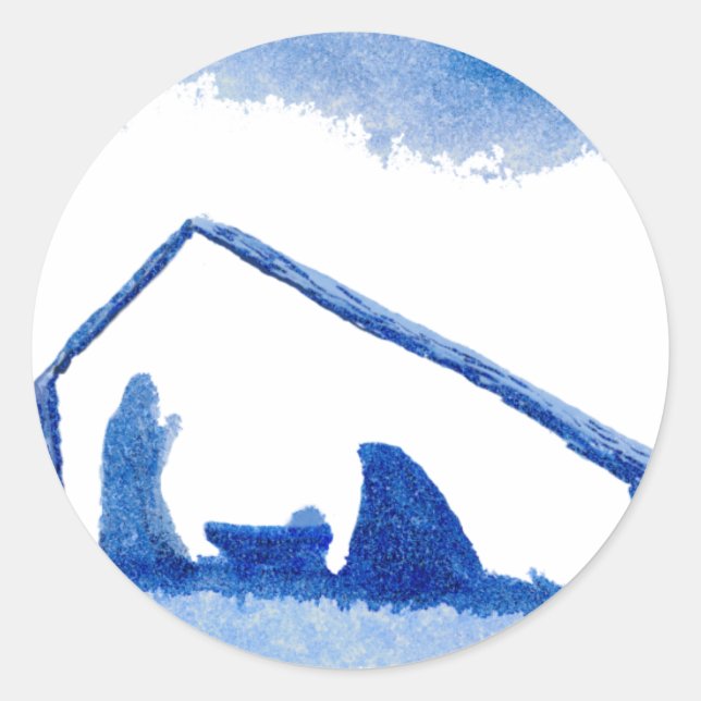 Sticker Rond Scène de la Nativité Silhouette Bleue (Devant)