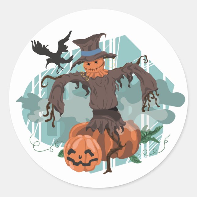 Sticker Rond Scène de l'épouvantail d'Halloween (Devant)