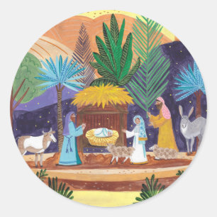Sticker Rond Scène de Nativité Religieuse Gloire à Dieu Noël