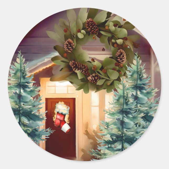 Sticker Rond Scène de Noël cosy épinette arbres (Devant)