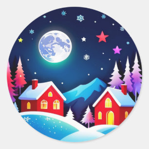 Sticker Rond Scène de village en nuit d'hiver cosy