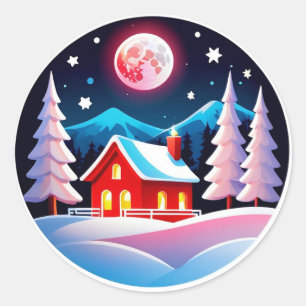 Sticker Rond Scène de village en nuit d'hiver cosy