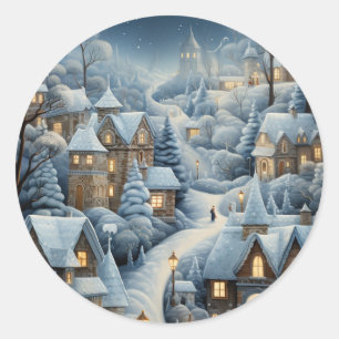 Sticker Rond Scène du village de Noël