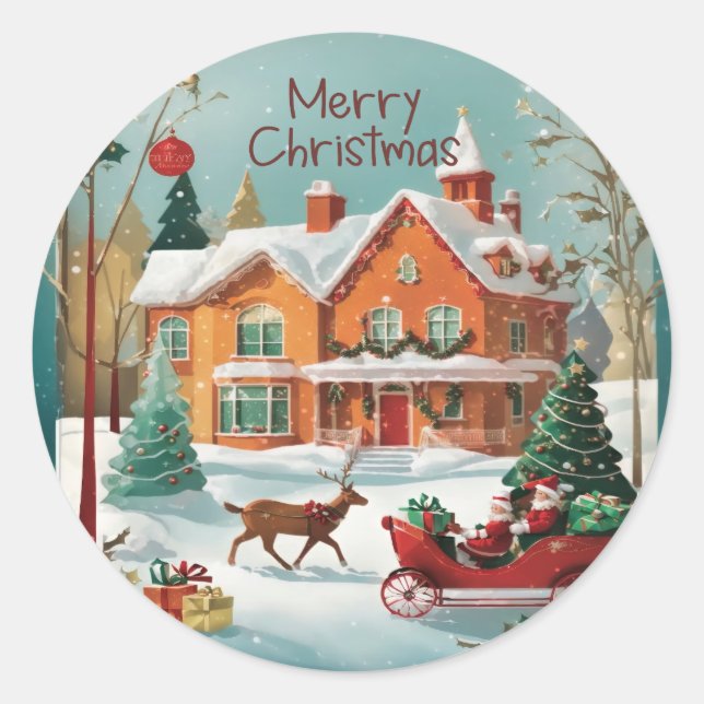 Sticker Rond Scène hivernale de Noël rouge vert joyeux (Devant)