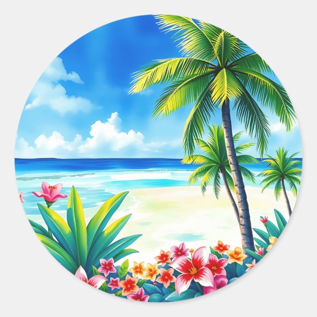 Sticker Rond Scène tropicale vibrante avec palmiers (Devant)