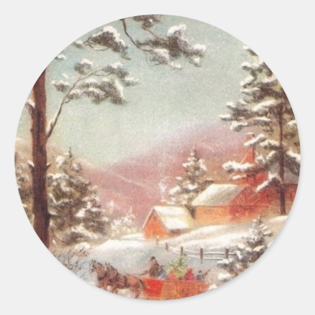 Sticker Rond Scène vintage d'hiver (Devant)