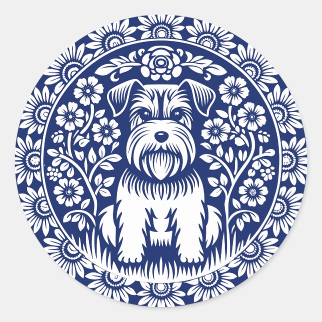 Sticker Rond Schnauzer ou Norfolk Terrier Charming Folk Art (Devant)