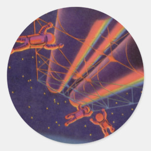 Sticker Rond Science-fiction vintage, astronautes arc-en-ciel S