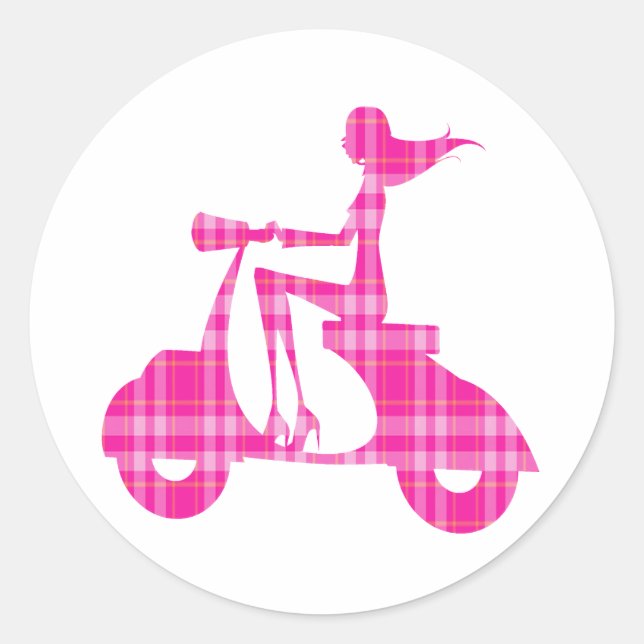 Sticker Rond scooter fille rose blanc en vichy (Devant)