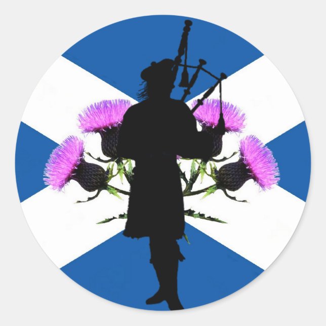 Sticker Rond Scotland Piper, croix St Andrews, chardon (Devant)
