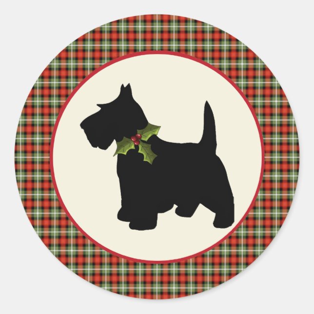 Sticker Rond Scottie Chien Scotch Plaid Christmas (Devant)