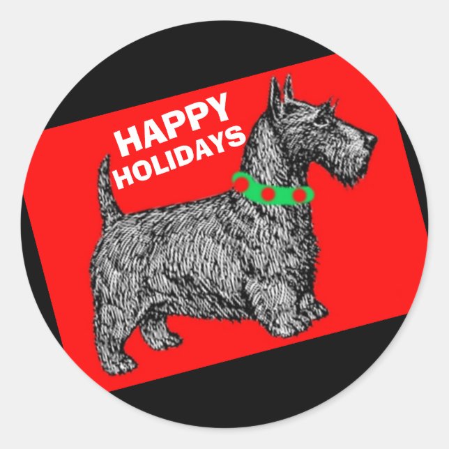 Sticker Rond Scottie Dog Scottish Terrier Joyeuses vacances (Devant)
