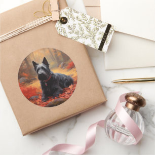 Sticker Rond Scottish Terrier en automne Leaves Fall Inspire