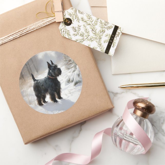 Sticker Rond Scottish Terrier Laisser Il Neige Noël (Cadeaux)