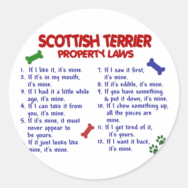 Sticker Rond SCOTTISH TERRIER Propriété Lois 2 (Devant)