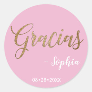 Sticker Rond Script Gracias rose et or personnalisé