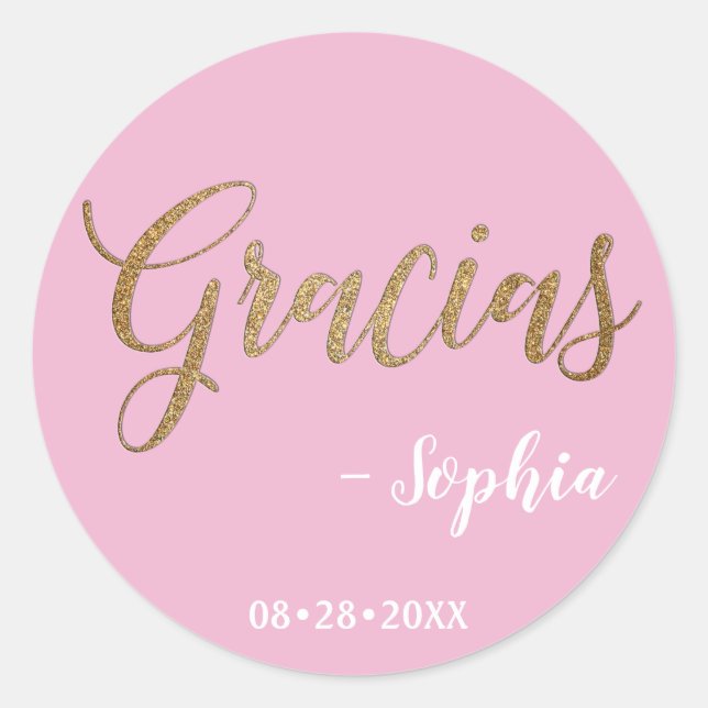 Sticker Rond Script Gracias rose et or personnalisé (Devant)