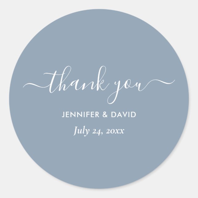 Sticker Rond Script moderne Dusty Mariage bleu Merci (Devant)