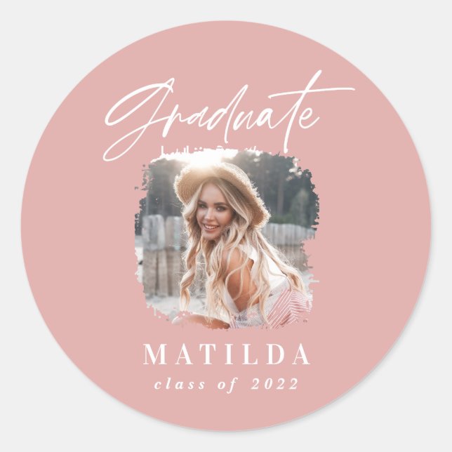 Sticker Rond Script moderne girly rose photo élégante graduatio (Devant)