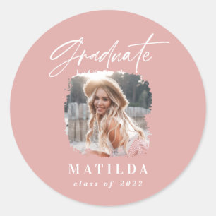 Sticker Rond Script moderne girly rose photo élégante graduatio