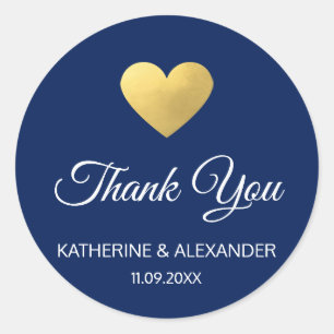 Sticker Rond Script moderne Gold Heart Marine Blue Mariage Seal