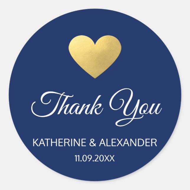Sticker Rond Script moderne Gold Heart Marine Blue Mariage Seal (Devant)