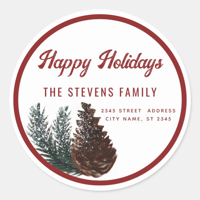 Sticker Rond Script moderne Happy Holiidays pin cone branche Cl (Devant)