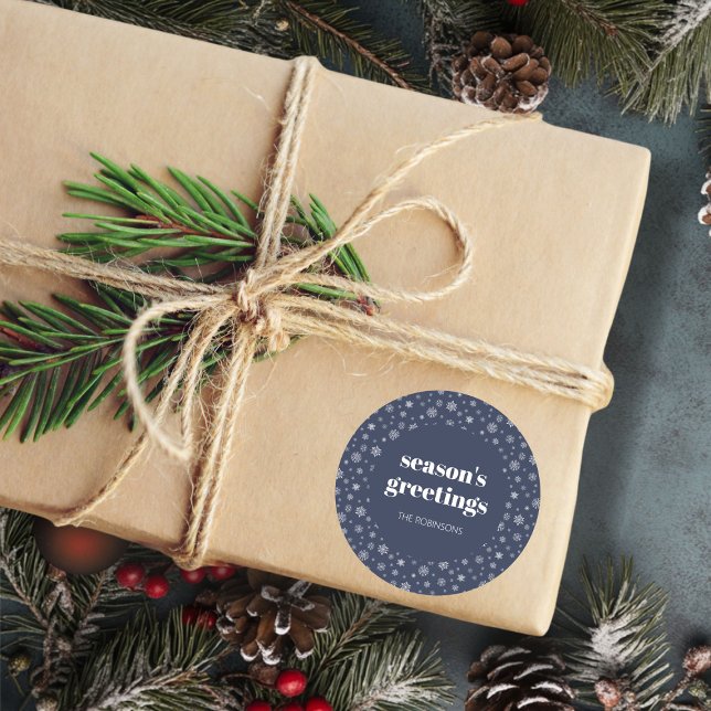 Sticker Rond Script moderne Joyeuses Fêtes de vacances bleu mar (Christmas holiday snowflake pattern stickers)